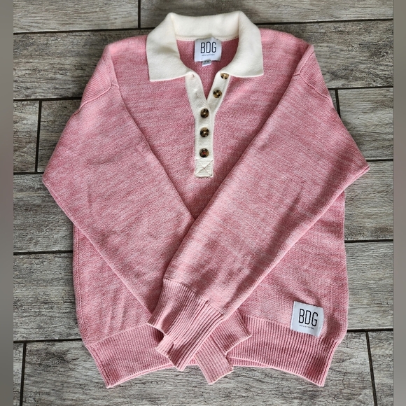 BDG Renna Long Sleeve Rugby Sweater Large Pink Oversized Preppy Collared Cotton - Picture 8 of 14